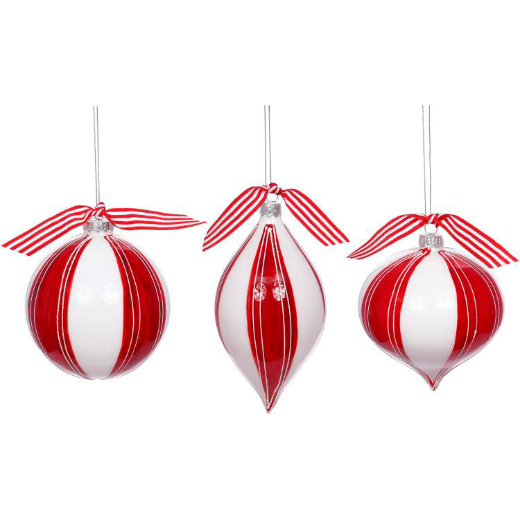 Ribboned Red & White Ornament 4" Set of 3