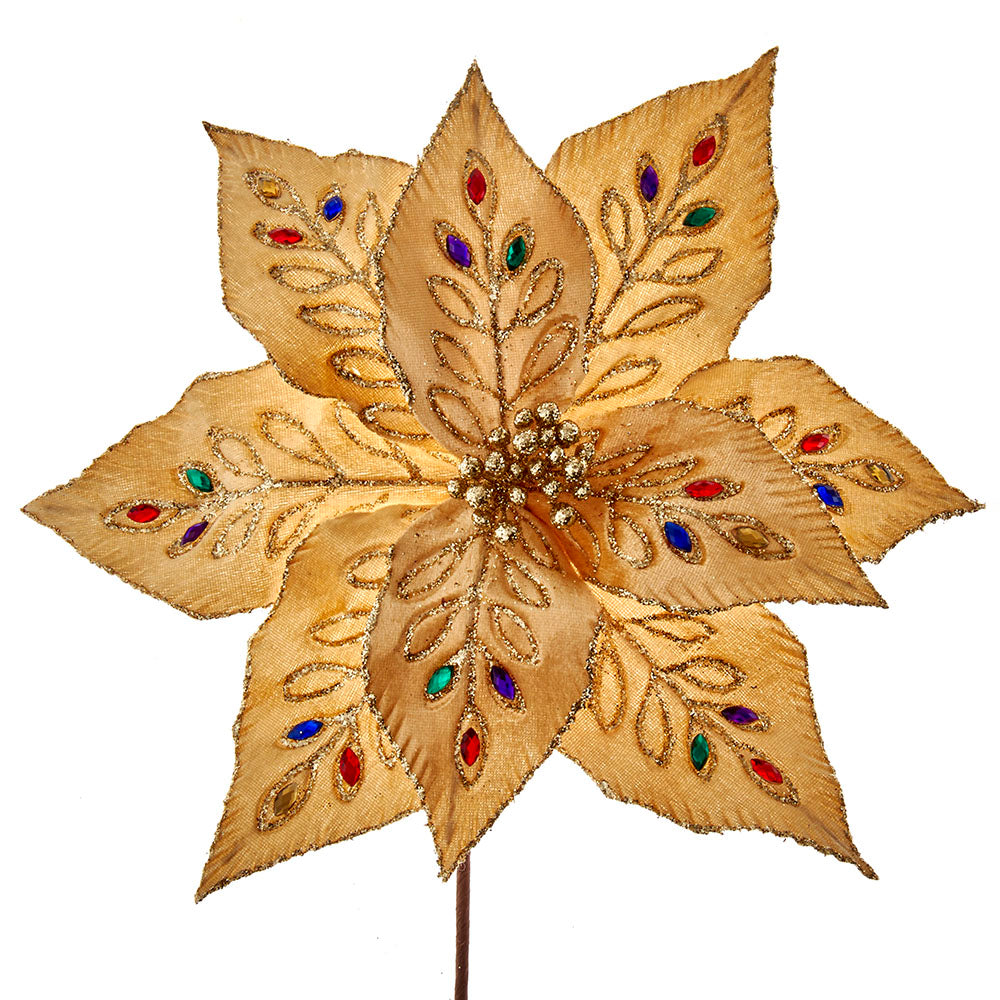 Gold with Multi Colored Jeweled Velvet Poinsettia 14"