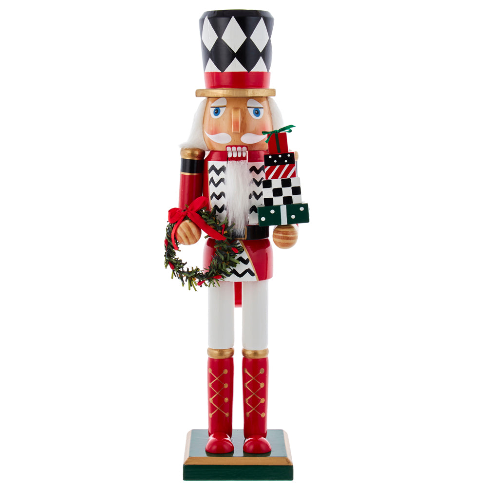 Red, White & Black Nutcracker with Giftbox Stack & Wreath