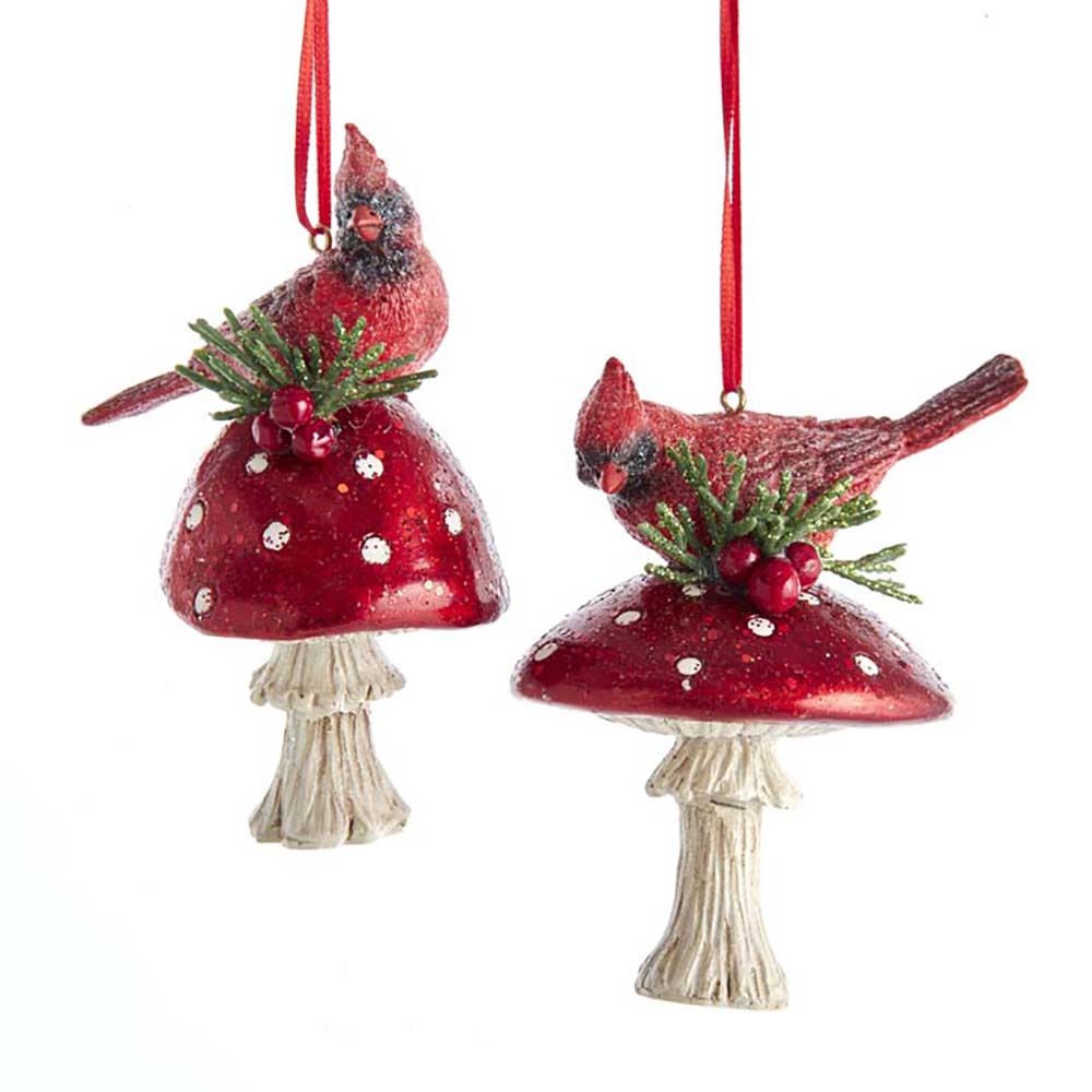 Cardinal on Mushroom Ornament 4.5" Set of 2