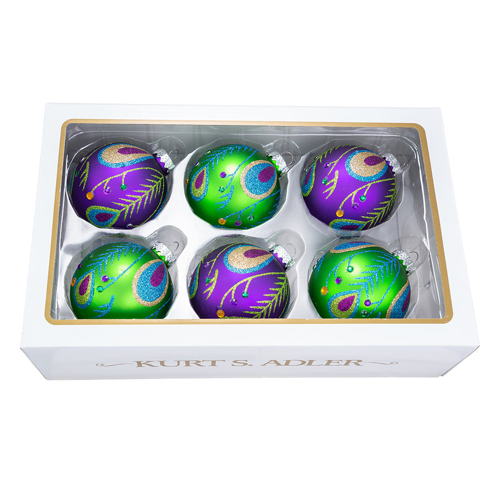 Peacock Purple & Green Glass Balls 80mm Set of 6