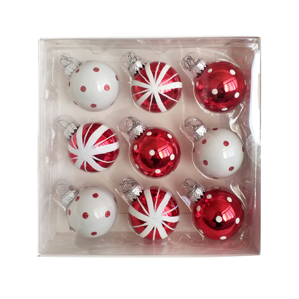 Red & White Glass Ornament Balls 40mm Set of 9