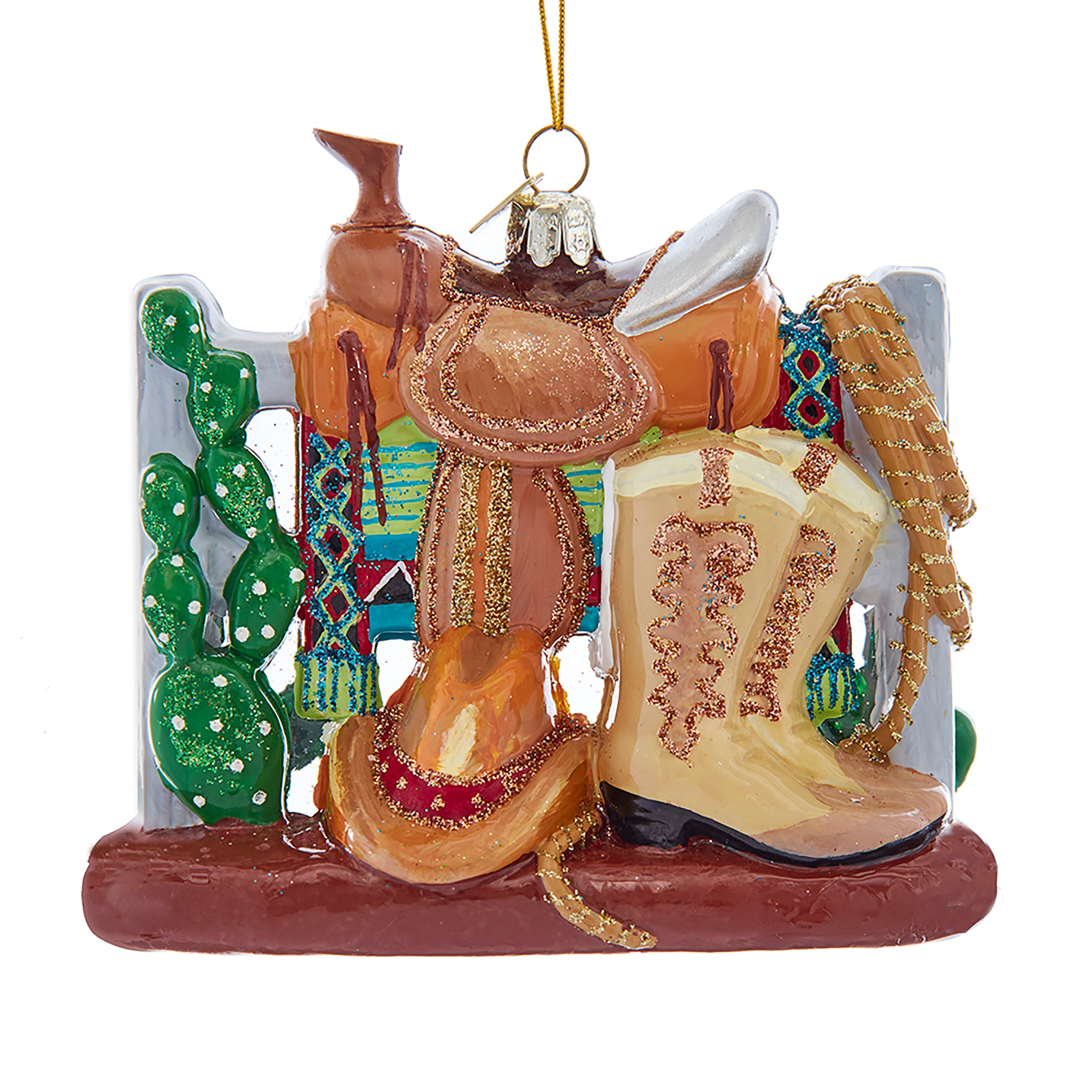 Western Scene Glass Ornament 4.75"