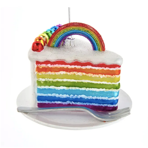 Rainbow Cake Slice Glass Ornament 4.5"
