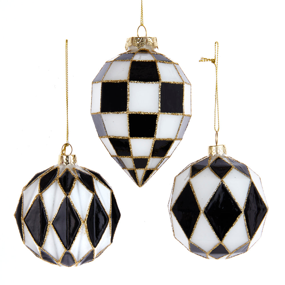 Gilded Edge Black White Round Ball & Finial 80mm Glass Ornament Set of 3