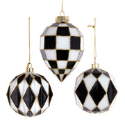 Gilded Edge Black White Round Ball & Finial 80mm Glass Ornament Set of 3