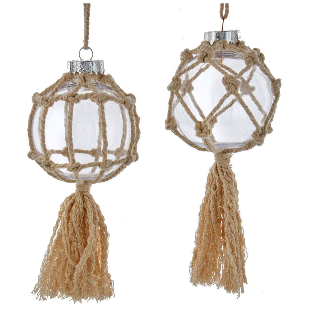 Macrame Wrapped Ball with Tassel 80mm Ornament Set of 2