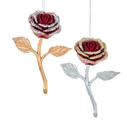 Regal Red with Platinum & Champagne Gold Trim Rose Ornament 4.8" Set of 2