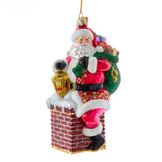 Bellissimo Santa in Chimney Glass Ornament 7"