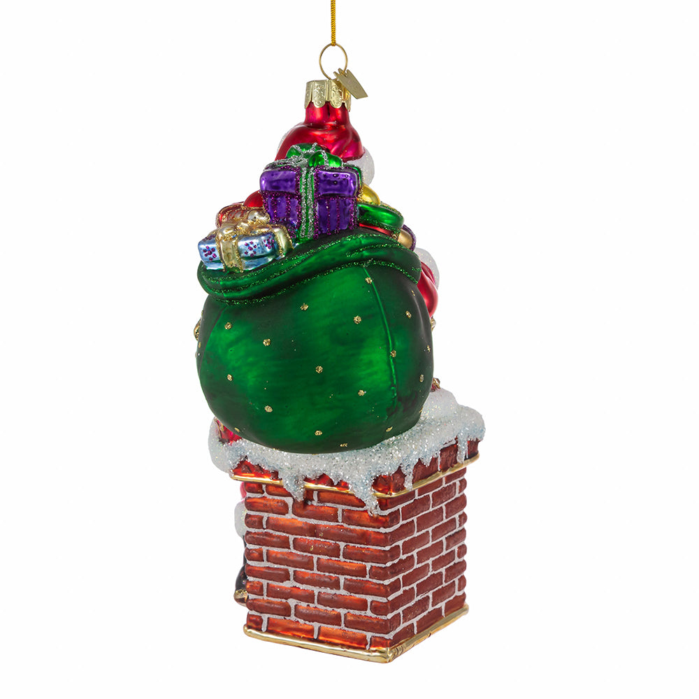 Bellissimo Santa in Chimney Glass Ornament 7"
