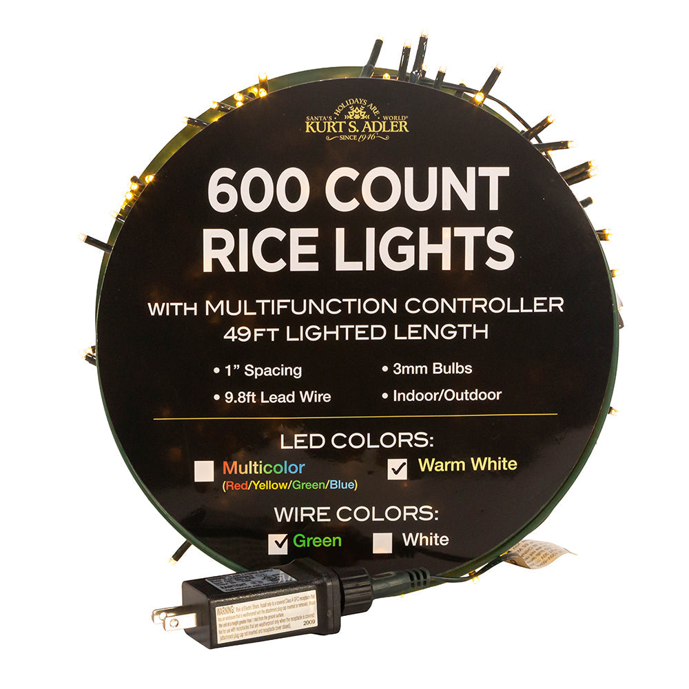 Warm White LED Rice Light Set 600 Light 49' Length
