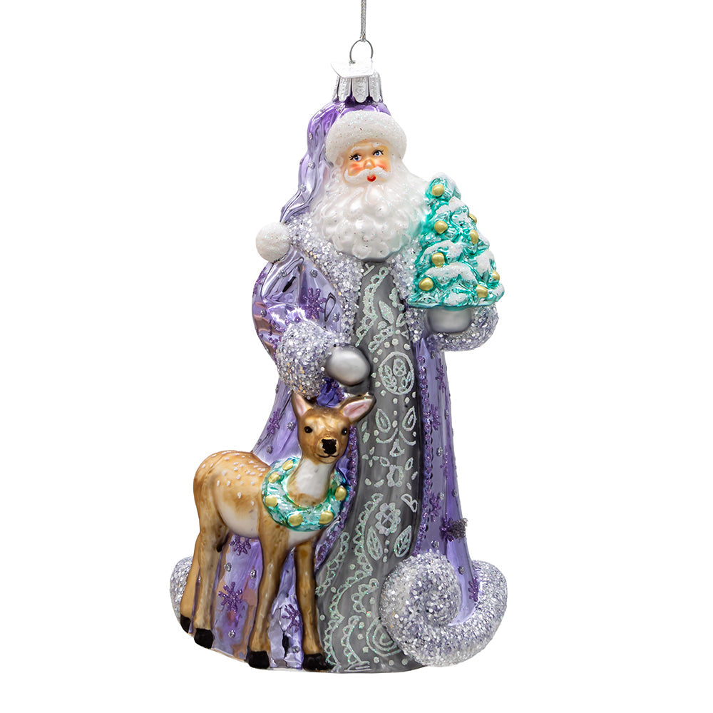 Bellissimo Periwinkle Santa Glass Ornament 7"