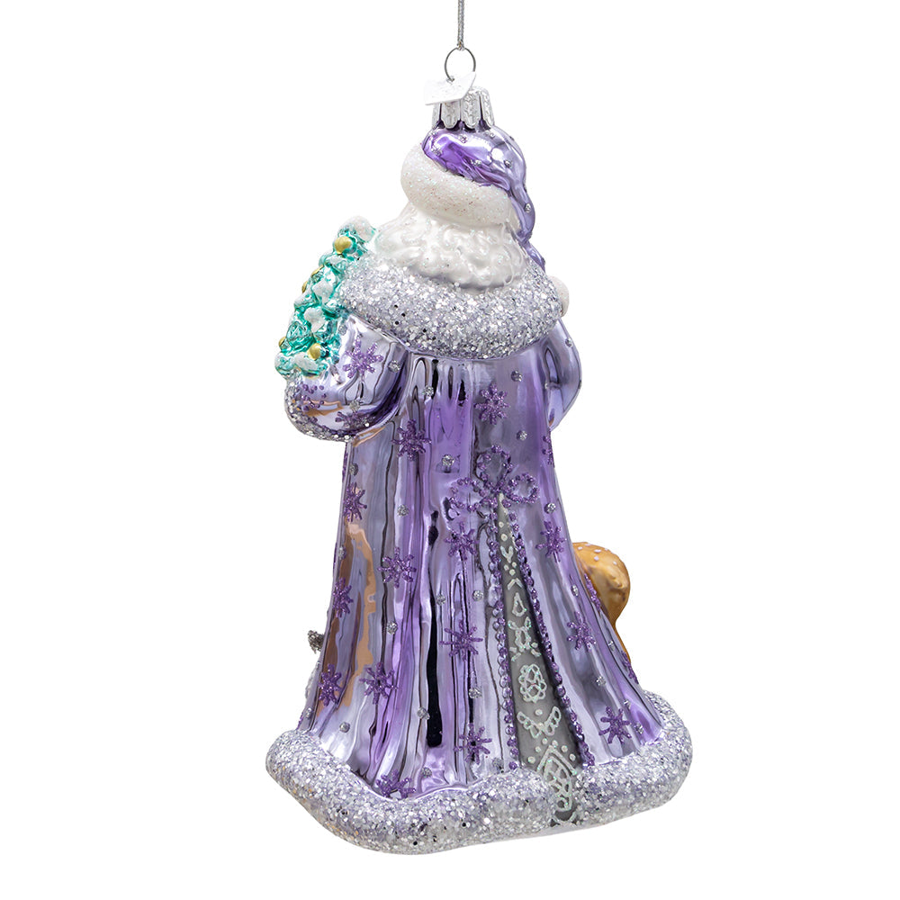Bellissimo Periwinkle Santa Glass Ornament 7"