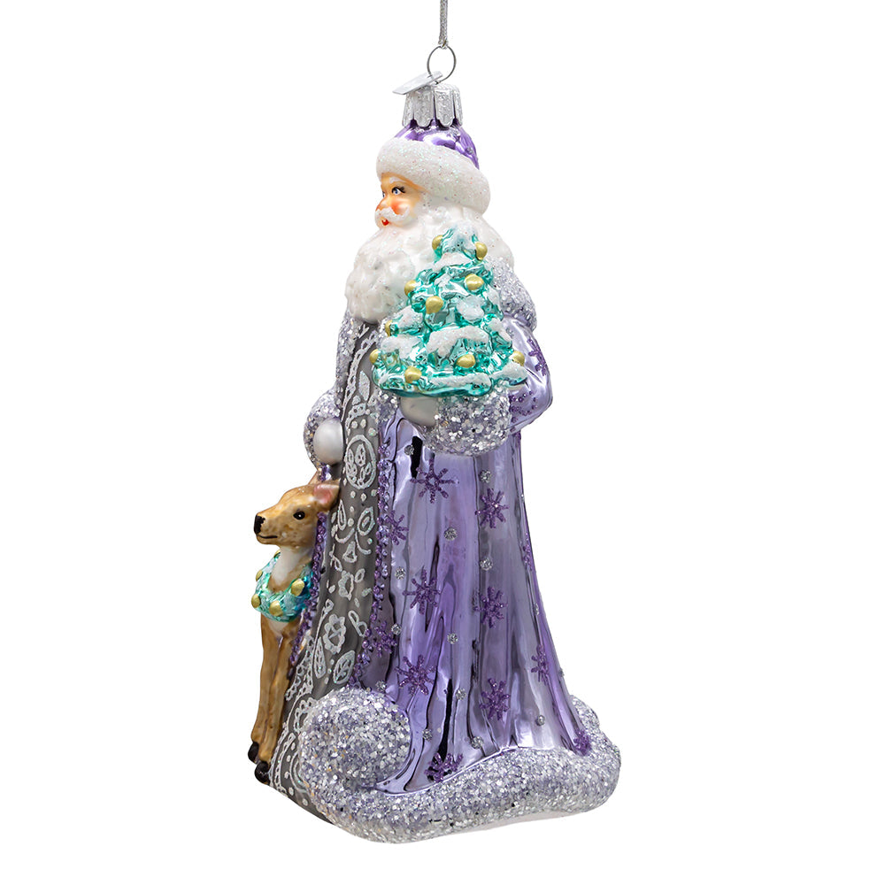 Bellissimo Periwinkle Santa Glass Ornament 7"