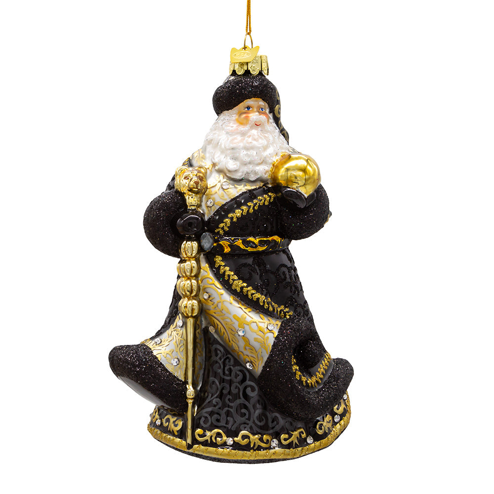 Bellissimo Santa Midnight Black Glass Ornament 7"