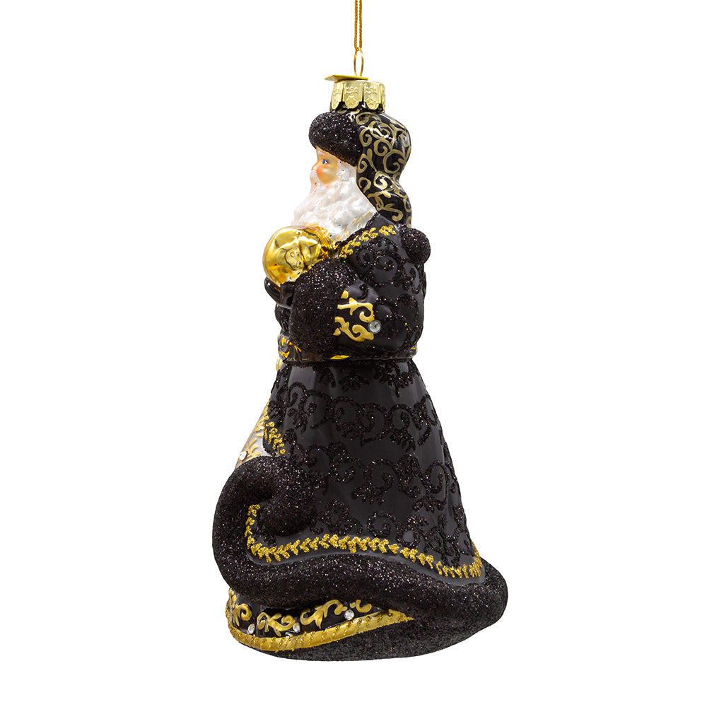 Bellissimo Santa Midnight Black Glass Ornament 7"