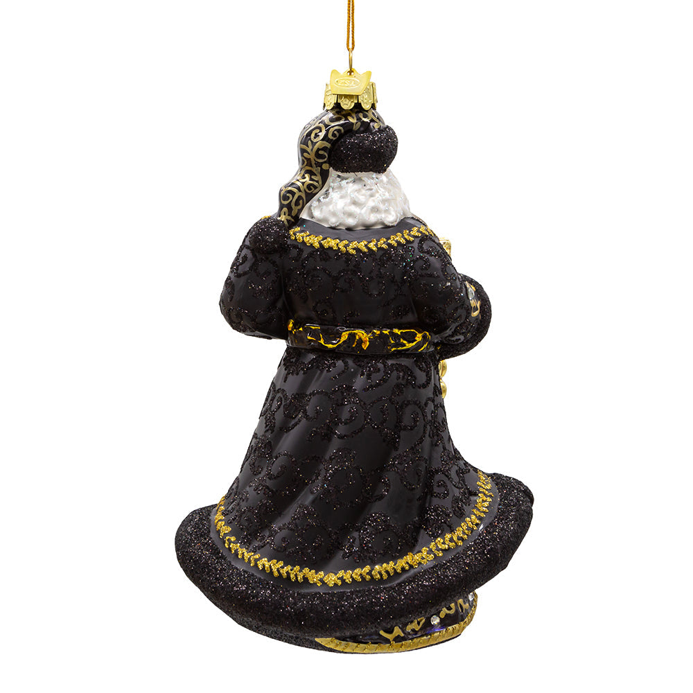 Bellissimo Santa Midnight Black Glass Ornament 7"