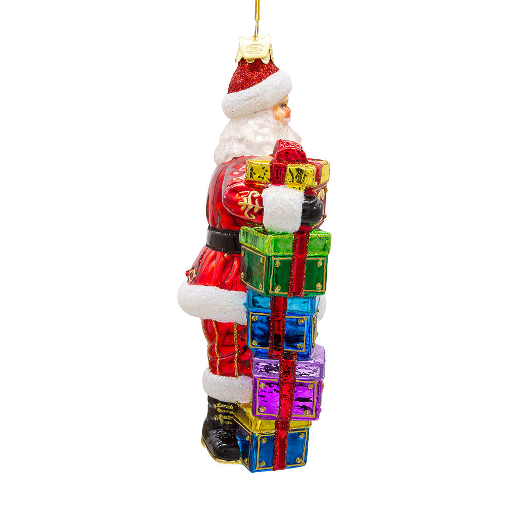 Bellissimo Santa & Gift Boxes Glass Ornament 7"