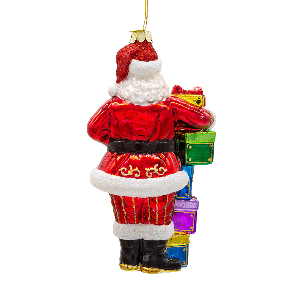 Bellissimo Santa & Gift Boxes Glass Ornament 7"