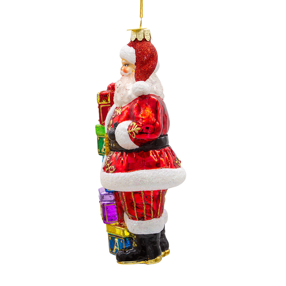 Bellissimo Santa & Gift Boxes Glass Ornament 7"