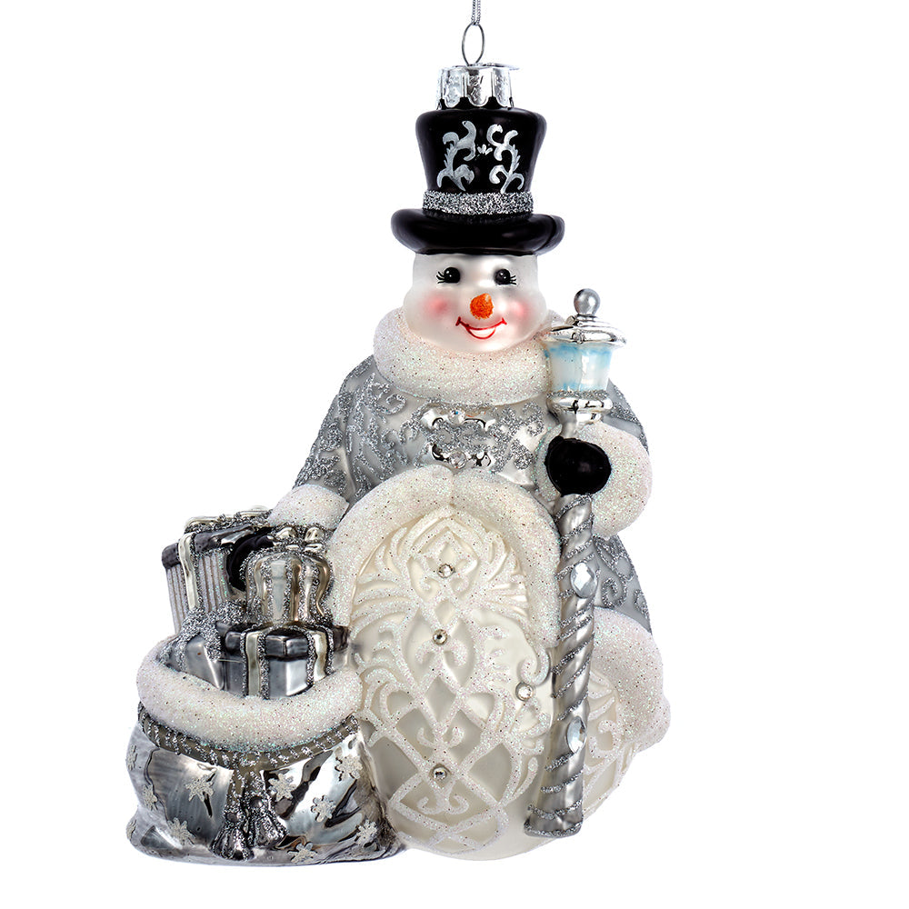 Bellissimo Silver Snowman Glass Ornament 7"