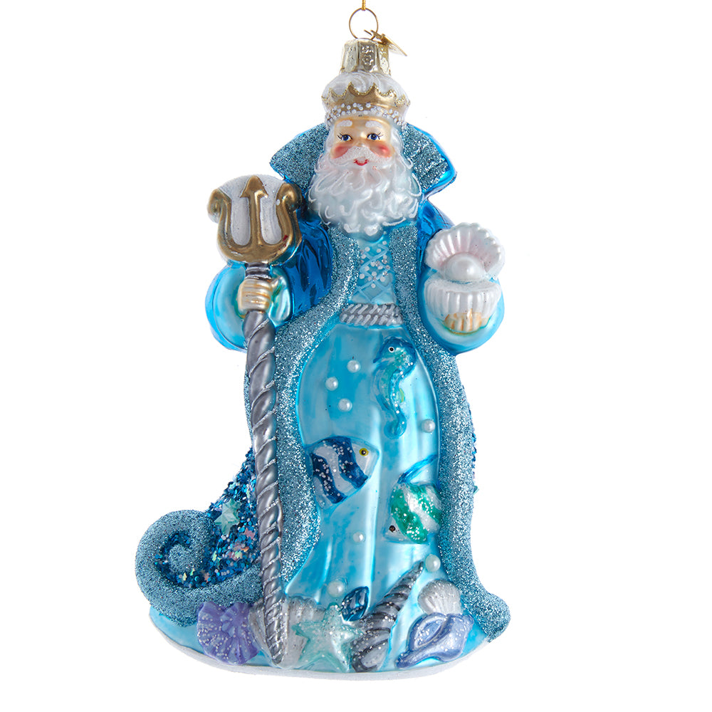 Bellissimo Under The Sea Santa with Staff & Shell Glass Ornament 7"