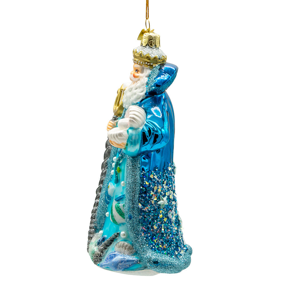 Bellissimo Under The Sea Santa with Staff & Shell Glass Ornament 7"