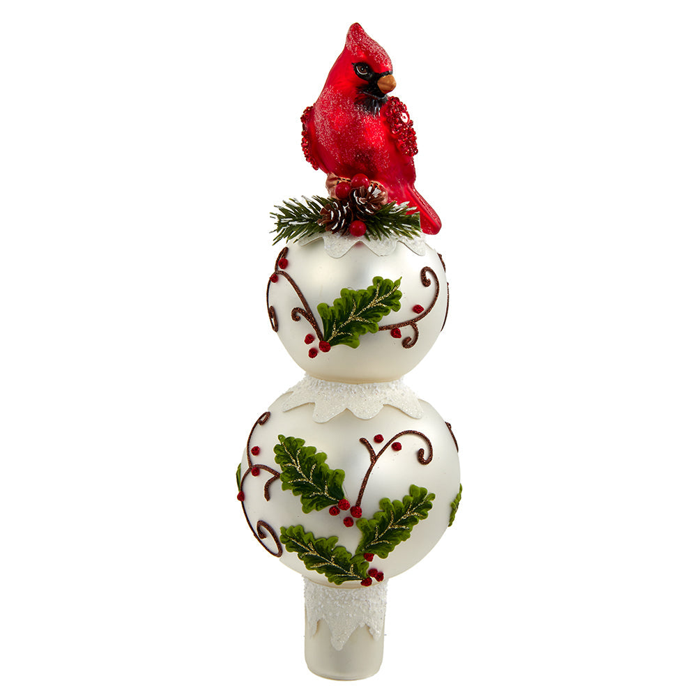 Holly and Cardinal Glass Tree Topper 12"