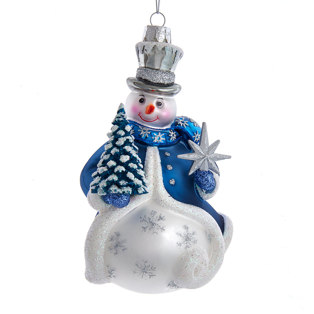 Blue Snowman Glass Ornament 5.5"