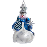 Blue Snowman Glass Ornament 5.5"