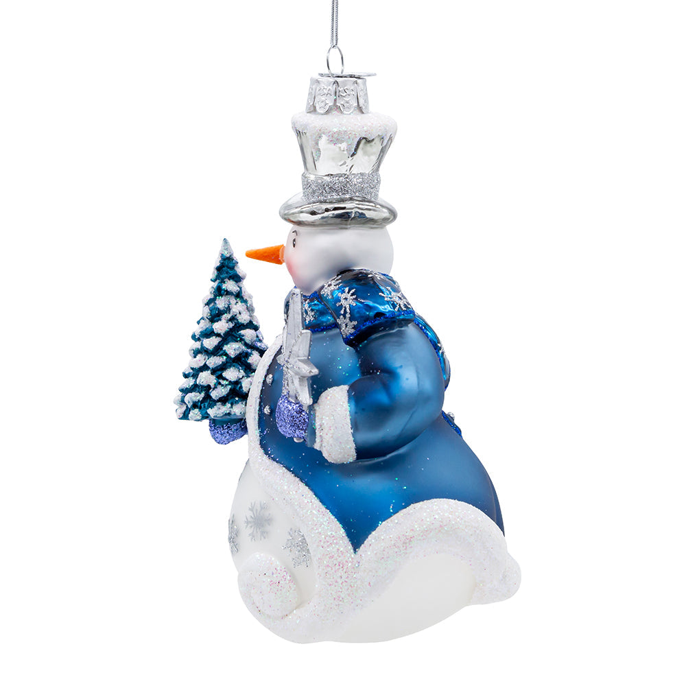 Blue Snowman Glass Ornament 5.5"