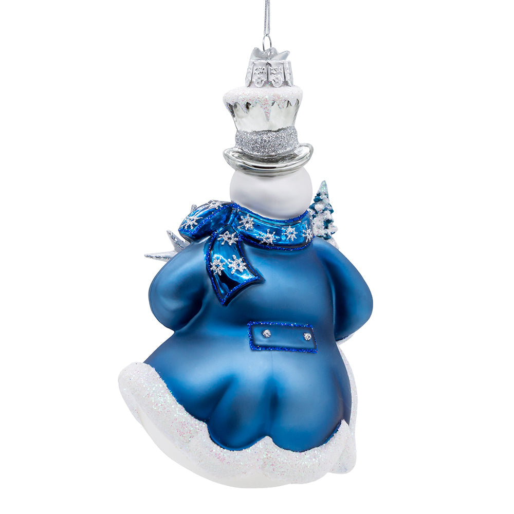 Blue Snowman Glass Ornament 5.5"