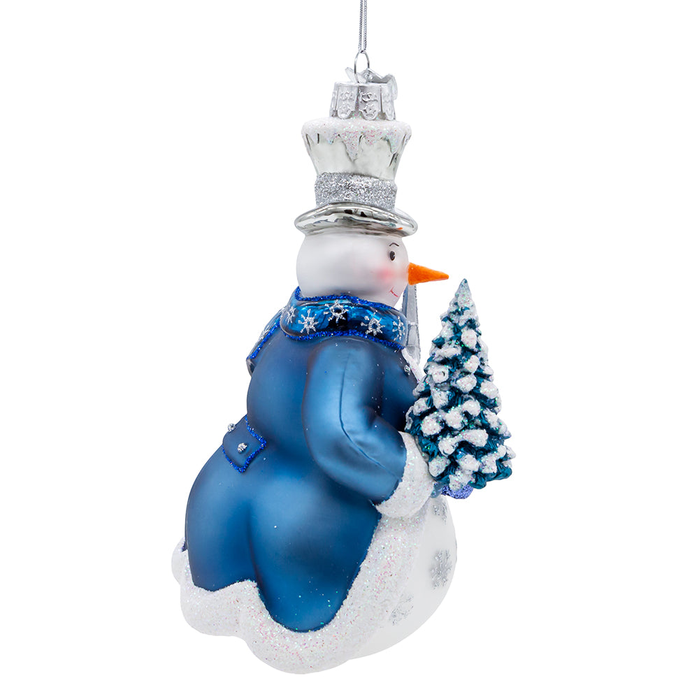Blue Snowman Glass Ornament 5.5"