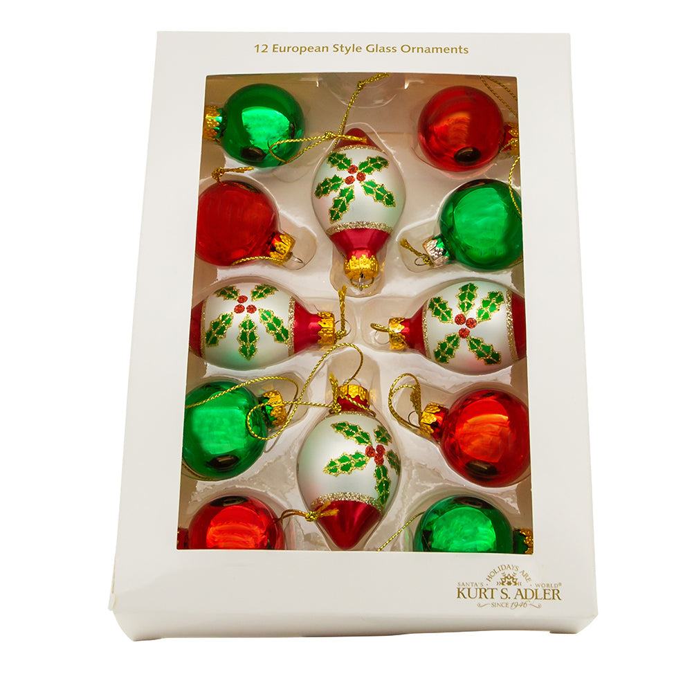 Green & Red Glass Ball Ornaments 35mm Set of 12