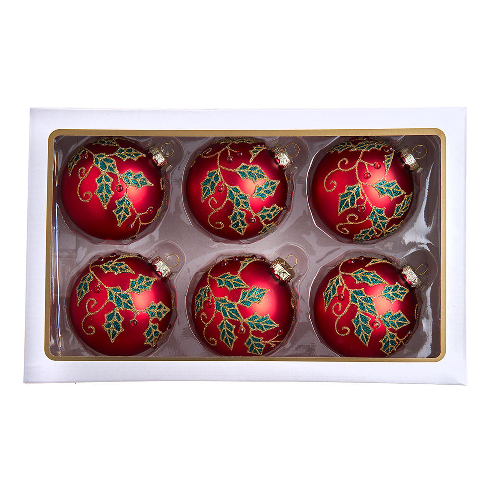Berry & Holly Leaves Red Glass Ball 80mm Set of 6