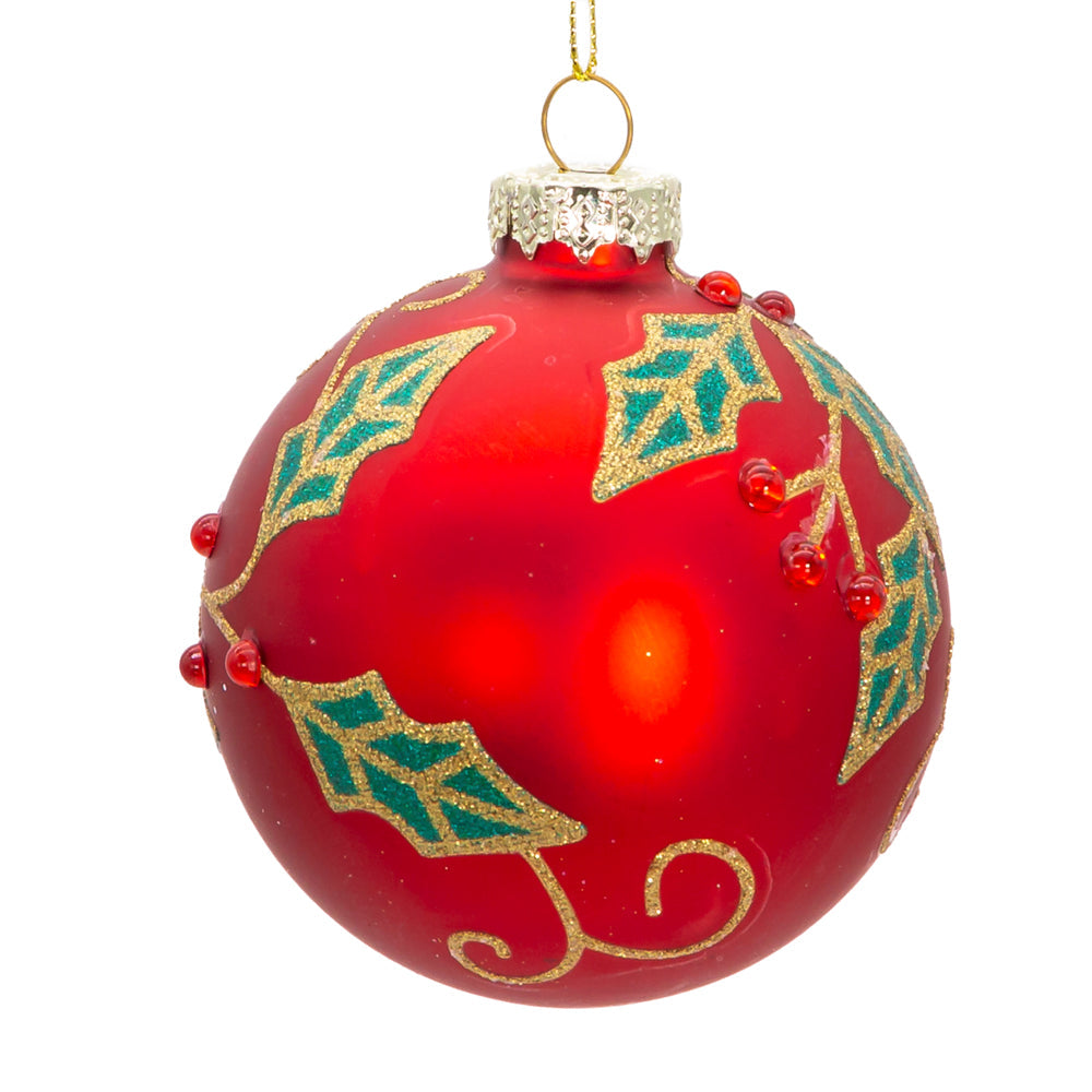 Berry & Holly Leaves Red Glass Ball 80mm Set of 6
