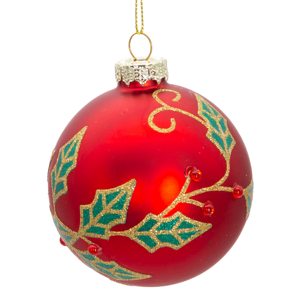 Berry & Holly Leaves Red Glass Ball 80mm Set of 6