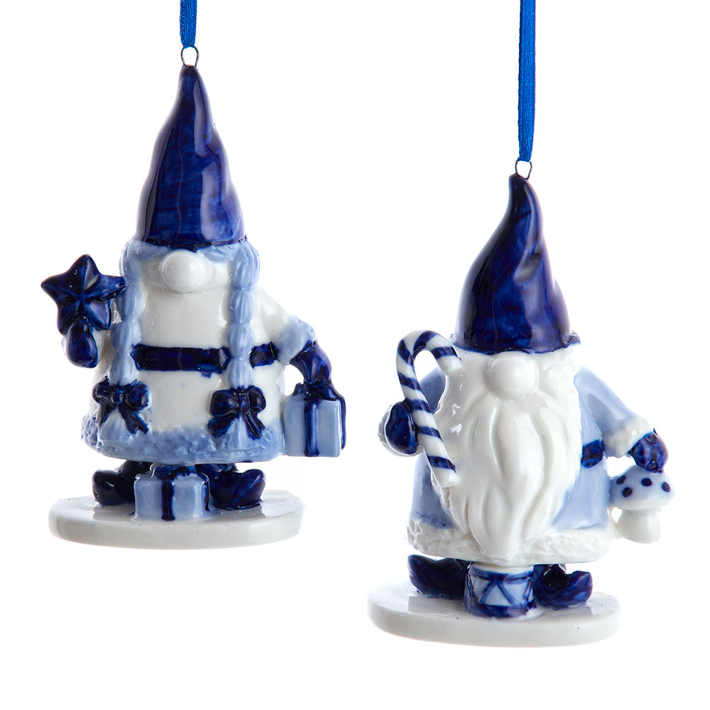 Delft Blue Porcelain Gnome Ornament 3.75" Set of 2