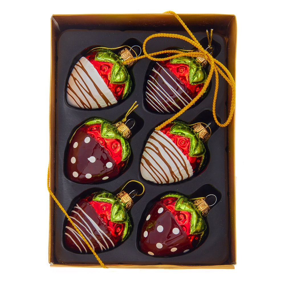 Chocolate Covered Strawberry Gift Box Glass Ornament 2.36" Set of 6