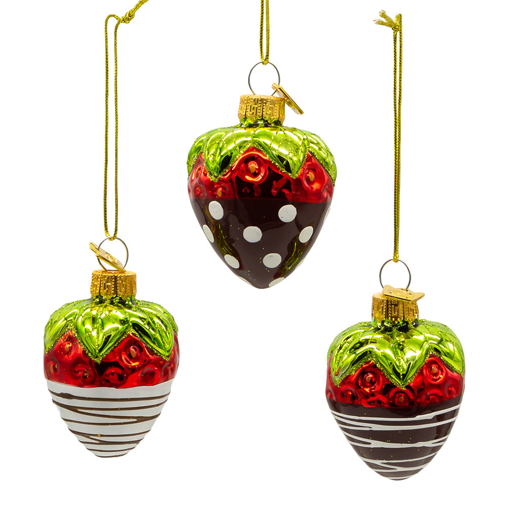 Chocolate Covered Strawberry Gift Box Glass Ornament 2.36" Set of 6