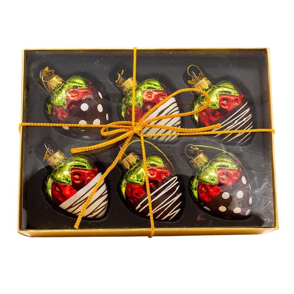 Chocolate Covered Strawberry Gift Box Glass Ornament 2.36" Set of 6