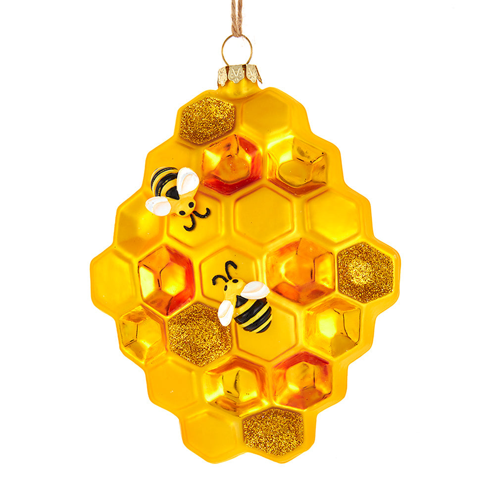Bee Honeycomb Glass Ornament 5"