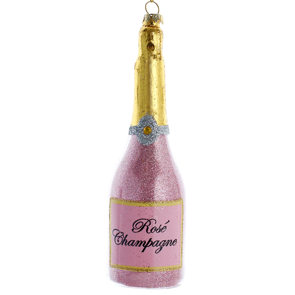 Rose' Champagne Bottle Glass Ornament 6.25"