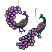 Purple and Green Glitter Peacock Ornament 6" Set of 2