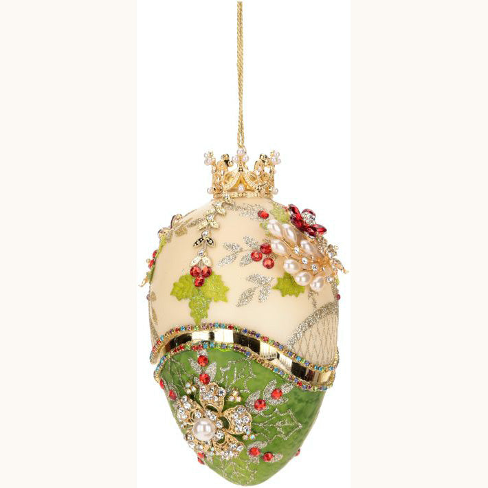 King's Jewels Faberge Jeweled Egg Ornament Green and Ivory 7"