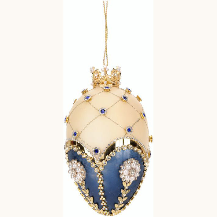 King's Jewels Faberge Jeweled Egg Ornament Blue and Ivory 7"