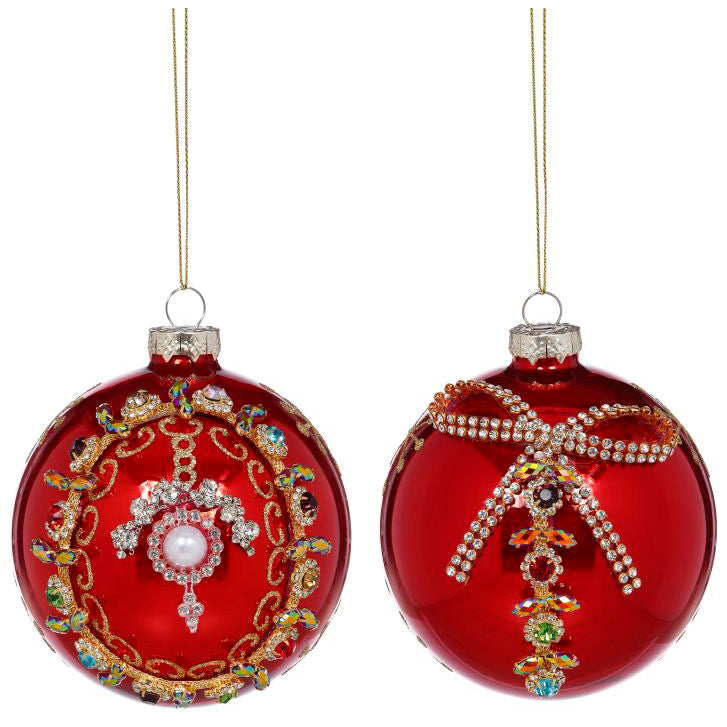 Red Fancy Ball Ornament 4" Set of 2 Assorted