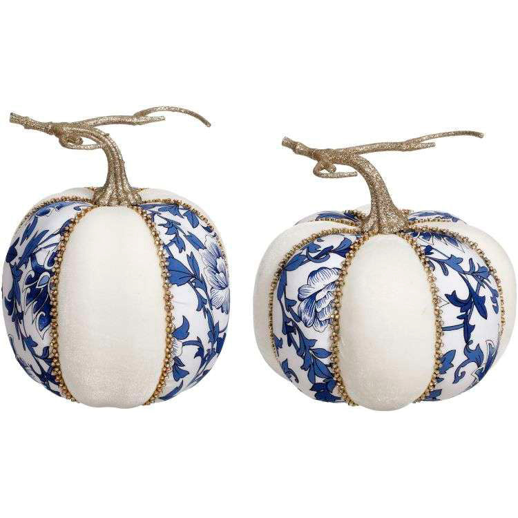 Blue & White Toile Pumpkins 7" Set of 2