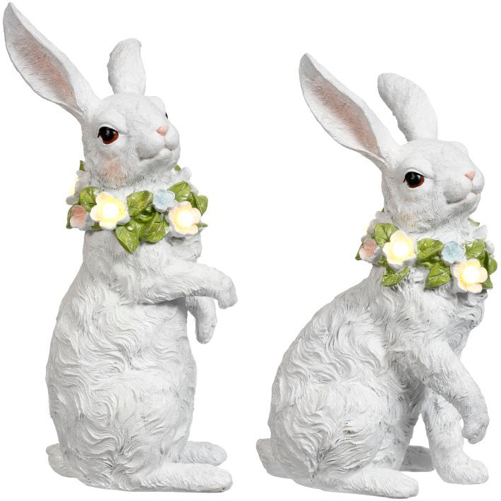 Lighted Bunnies with Wreaths 13 and 15 Inches Tall Set of 2