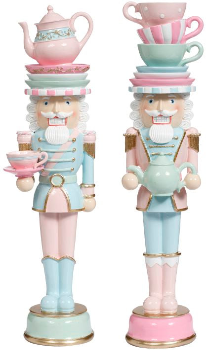 Pastel Tea Pots and Tea Cups Hat Nutcracker 15.5 Inches Set of 2